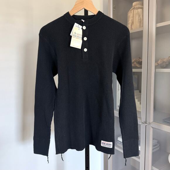 Iron Heart Waffle Knit Black Henley Long Sleeve Shirt M NEW Button Slim Pullover - Picture 2 of 7